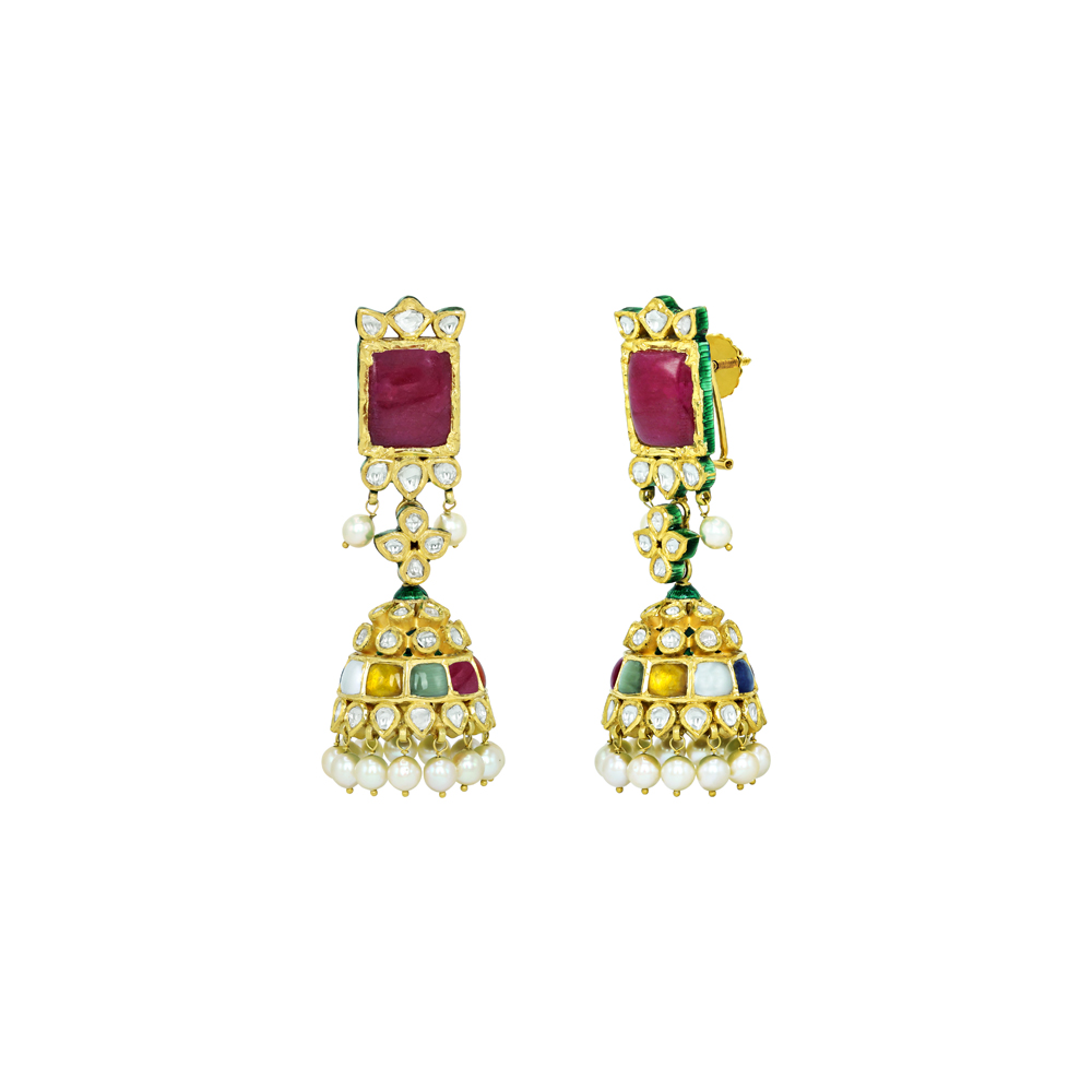 Navratan Jhumki Earrings with Polki and Pearl Drops